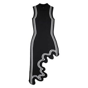 Wave Print Asymmetric Dress - Sexy Y2K Mock Neck Knit Bodycon Sleeveless Dress